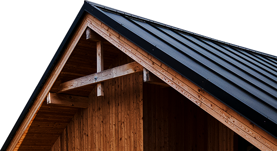 Roofing structure with a black metal roof and wooden beams, showcasing quality craftsmanship relevant to Pineview Builders' roofing services in the Twin Cities.