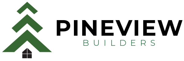 Pineview Builders logo featuring a stylized pine tree and modern typography, representing a general contracting business specializing in construction services in the Twin Cities.