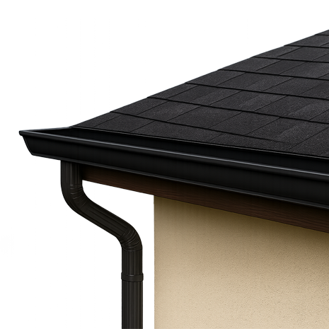 Seamless black gutter system installed on a roof, showcasing high-quality materials designed for durability and effective water drainage, relevant to Pineview Builders' gutter services.