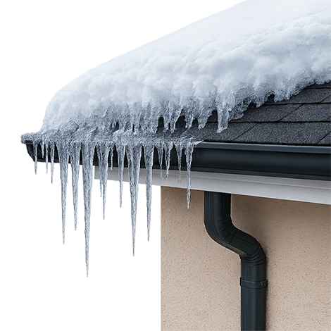 Icicles hanging from a snow-covered roof, illustrating the potential for ice dams and the need for professional ice dam removal services in Minnesota winters.