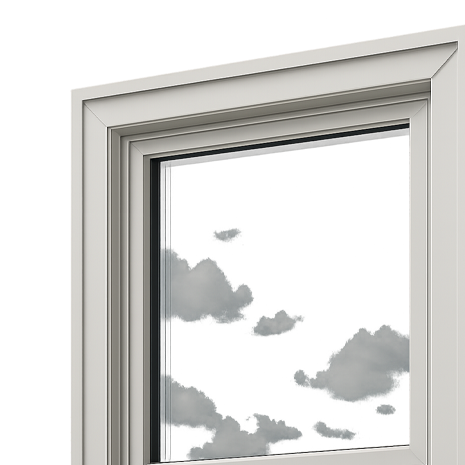 Window frame showcasing energy-efficient design with cloudy sky reflection, emphasizing Pineview Builders' window installation and replacement services for enhanced home comfort and efficiency.