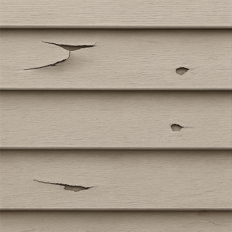 Cracked and damaged siding panels highlighting storm damage repair needs for residential properties in Minnesota and Wisconsin.